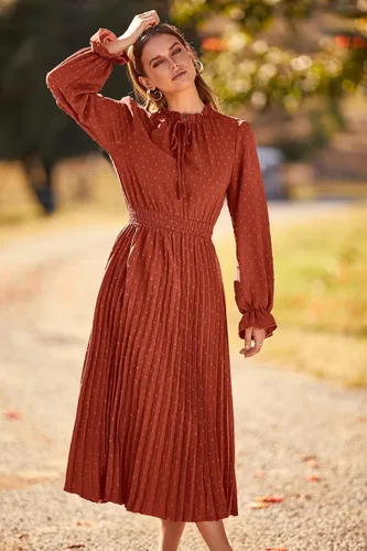 Vista 6 de PRETTYGARDEN Vestido midi de otoño 2024 para mujer, casual, manga larga, cuello en V, lunares suizos, plisado, acampanado, vestidos fluidos