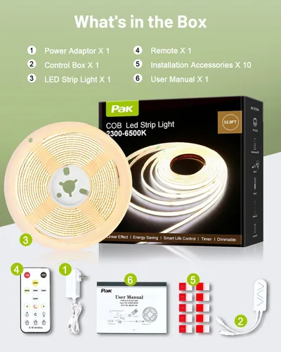 Vista 7 de Tira de luces LED COB de 32.8 pies, regulable, temperatura de color blanca ajustable de 2300K-6500K, cinta de luz LED de corte de alta luminosidad