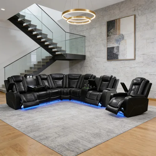 Vista 35 de Juego de sofá modular reclinable eléctrico para sala de estar, juego de sofá reclinable de cuero con luces LED / almacenamiento oculto, sofá