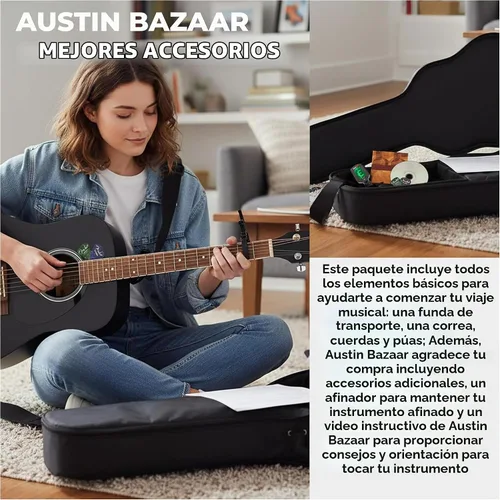 Vista 2 de Fender Guitarra acústica FA-125 Dreadnought - Paquete negro con estuche, afinador, correa, cuerdas, púas y DVD instructivo de Austin Bazaar