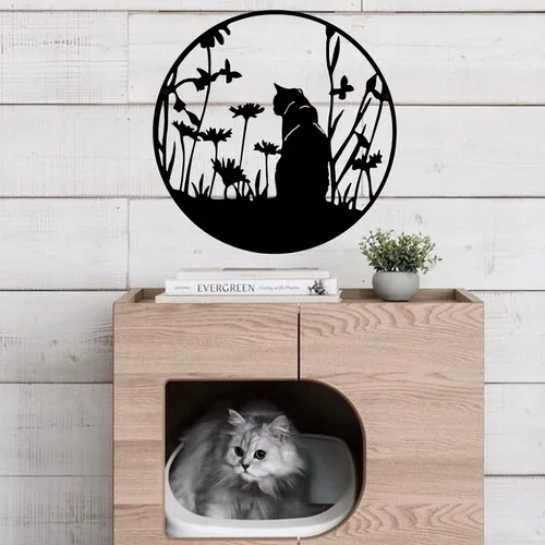 Vista 2 de SwallowLiving Decoración de silueta de gato negro de metal de 13.4 x 13.4 pulgadas, arte de pared de corte láser, elegante regalo de gato negro