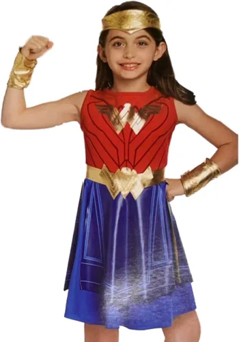 Vista 2 de DC - Vestido plisado para disfraz de Halloween con diseño de mujer maravilla roja y azul
