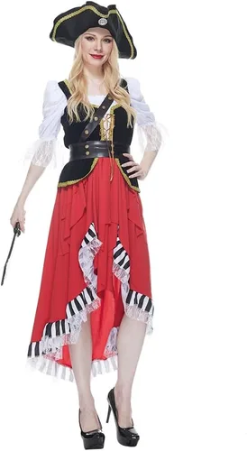 Vista 3 de Disfraz de capitán pirata medieval para mujer, vestido de cosplay de bucanero, disfraz de Halloween para mujer, 4 piezas