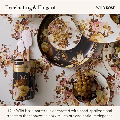 Vista 3 de MACKENZIE-CHILDS Bote de Esmalte, Contenedor de Almacenamiento de Cocina con Tapa, Grande, Wild Rose Brown Hand-applied design, made from enameled