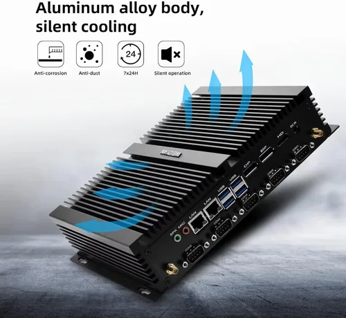 Vista 7 de PC sin ventilador, Mini PC industrial Core i7-8550U, Mini PC 8G DDR4 128G SSD, soporte de pantalla triple 4K@60Hz salida, HDMI, DP, EDP, Dual NIC