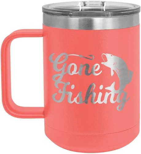 Vista 14 de GONE FISHING Taza de café negra de 15 oz con tapa deslizante Taza de café de viaje aislada Ideas de regalos de cumpleaños o Navidad de mujeres u