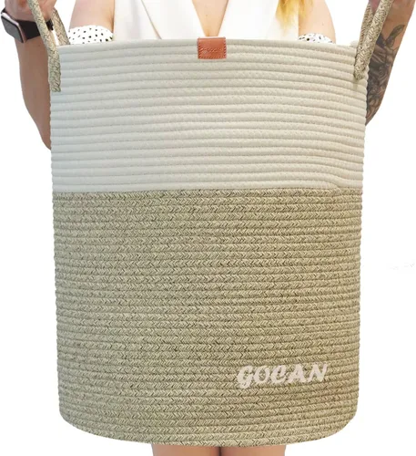 Vista 16 de Cesta de almacenamiento extragrande para lavandería, 22 x 22 x 14 pulgadas, cesta tejida de cuerda de algodón para manta con asas para sala