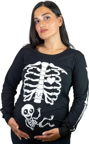 Vista 2 de Pareja de Halloween que brilla en la oscuridad Camisas de manga larga para bebé Rayos X Camiseta de maternidad para hombre, hamburguesa, esqueleto