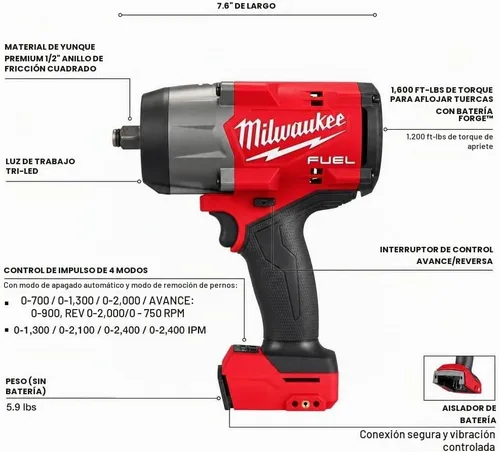 Vista 6 de Milwaukee Electric - M18 Fuel 1/2 Pulgadas de Alto Torque Llave de Impacto con Fricción