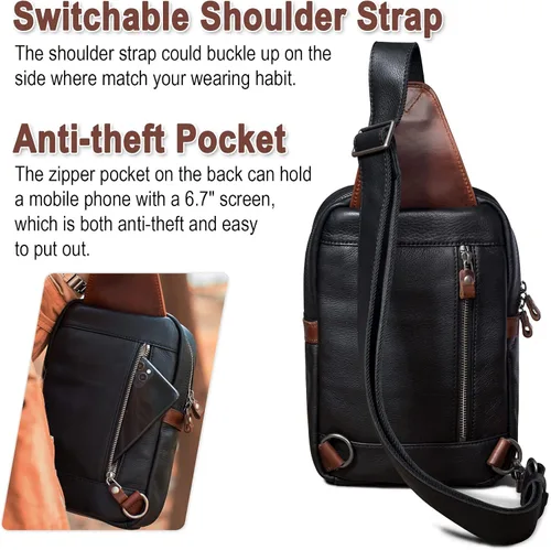 Vista 4 de CENUNCO Bolso bandolera de cuero auténtico, mochila cruzada de cuero oculto, bolsa de transporte negra, casual, senderismo, motocicleta, bolsa