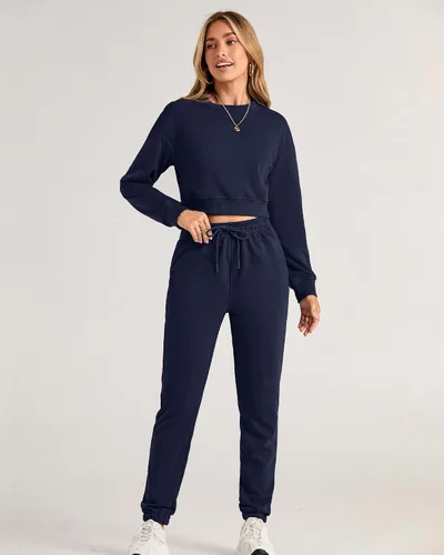 Vista 10 de BTFBM Conjunto deportivo de 2 piezas para mujer, camiseta corta de manga larga, sin botones, pantalón con cordón ajustable, pantalones deportivos