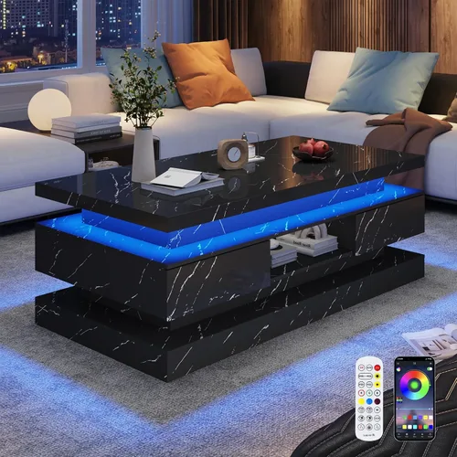 Vista 9 de Mesa auxiliar moderna de 47.2 pulgadas con alto brillo LED y 2 cajones deslizantes, mesas centrales de doble capa con luces LED para muebles de sala