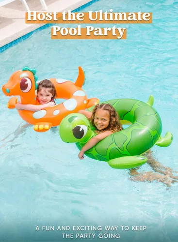 Vista 4 de SLOOSH Paquete de 3 flotadores inflables para piscina, dinosaurio, tortuga marina y delfín, anillos de natación para niños pequeños, piscina playa
