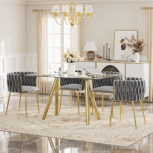 Vista 21 de Glam Style - Juego de mesa de comedor de 5 piezas para 4, mesa de comedor rectangular de vidrio templado de 51 pulgadas con base de metal dorado