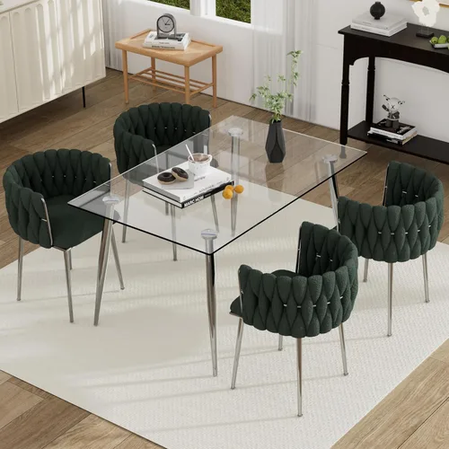 Vista 24 de Juego de mesa de comedor de cristal plateado para 2, juego de mesa cuadrada de lujo moderno de 36 pulgadas, juego de mesa de cocina minimalista de 3