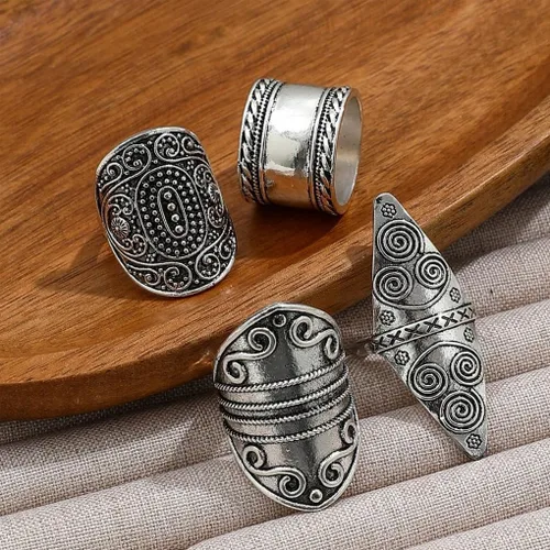 Vista 4 de Anillos bohemios gruesos del oeste para mujeres y hombres, anillos grandes apilables vintage, anillos grandes para nudillos, plateado, turquesa