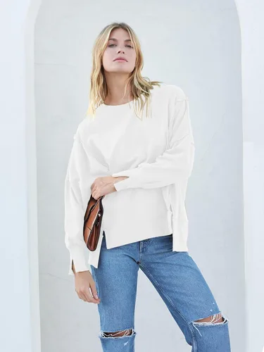 Vista 7 de MEROKEETY Sudadera holgada casual de manga larga tipo farol para mujer, cuello redondo, abertura lateral, 2023
