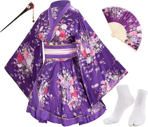 Vista 15 de Elibelle - Kimono de baile de anime japonés para mujer, bata, vestido elegante, abanicos de seda plegables de mano, juego de calcetines con tabi