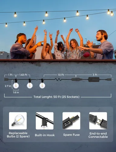 Vista 6 de Luces de patio – Cadena de luces al aire libre impermeable, de 50 pies, luces LED regulables, control remoto, conexión Wi-Fi de 2.4 GHz