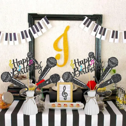 Vista 8 de Palitos de centro de mesa de micrófono con purpurina para decoración de mesa de fiesta, 16 piezas de música KTV, centros de mesa para cumpleaños