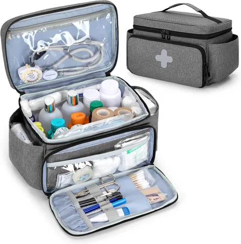 Vista 9 de CURMIO Pequeña bolsa de almacenamiento de medicamentos vacía, caja de primeros auxilios familiar, organizador de botellas de píldoras para Negro