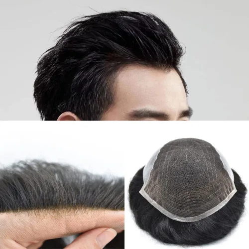 Vista 56 de Mens Toupee Swiss Lace Mens Hair Piece Sistema de reemplazo de cabello para hombres Toupee para hombres Cabello humano nudo blanqueado protesis