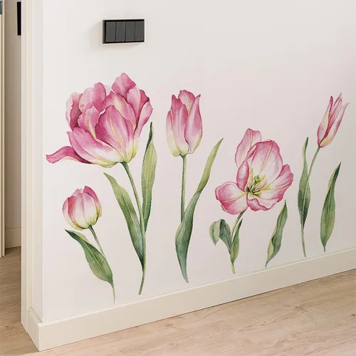 Vista 5 de 2 hojas de calcomanías de pared de flores rosas grandes, tulipán, flores, flores, jardín, hojas verdes, plantas, vinilo, bricolaje, decoración