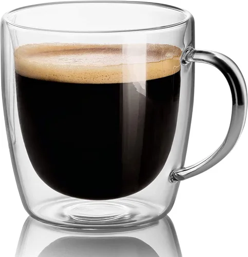 Vista 4 de ECO NAVA Taza de vidrio de doble pared de 11.8 fl oz / 12 oz con 2 bolas de té verde florecientes. Gran taza aislada de doble pared transparente