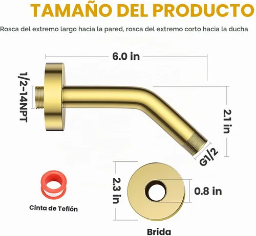 Vista 6 de YASFEL Brazo de Ducha de Oro Cepillado de 6 pulgadas Brazo de Extensión de Ducha Tubo con Brida y Cinta de Teflón para Cabezal de Ducha y Cabezal