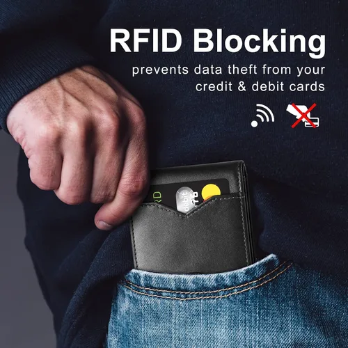 Vista 4 de GSOIAX Billetera delgada para hombre minimalista de cuero genuino fibra de carbono con bloqueo RFID de cuero vacuno plegable con caja de regalo