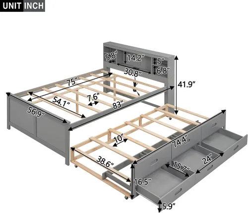 Vista 3 de VilroCaz Moderna cama de plataforma de tamaño matrimonial con cabecera de almacenamiento, base de cama de plataforma de madera maciza con nido