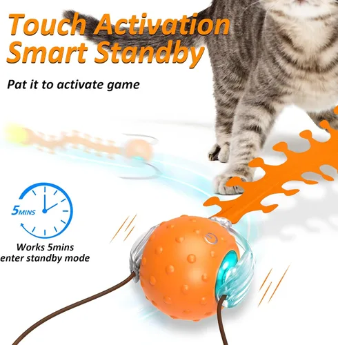 Vista 4 de Waaiio Juguete interactivo para gatos con cola de ciempiés, bola rodante rápida, juguetes recargables para gatos adultos aburridos