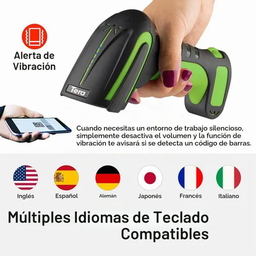Vista 6 de Tera Escáner de código de barras inalámbrico con soporte: verde industrial 2D Pro Verde