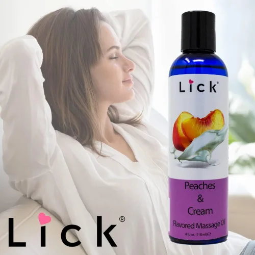 Vista 4 de Lick Aceite de masaje con sabor a duraznos y crema, aceite de masaje comestible inspirado en postres dulces con vitamina E, deslizamiento suave