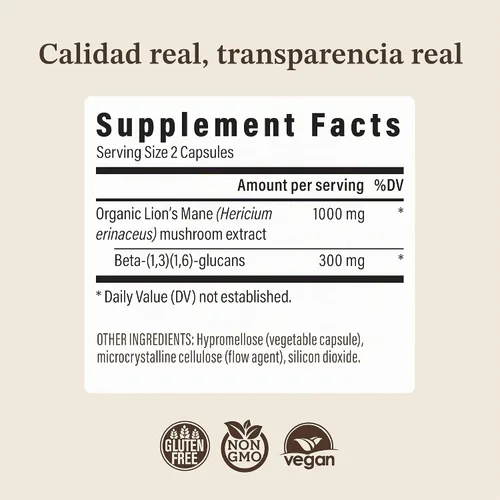 Vista 9 de Real Mushrooms - Cápsulas de melena de león, cerebro, enfoque y cognición, 120