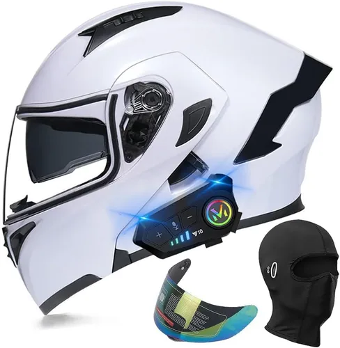 Vista 7 de Casco de motocicleta modular con Bluetooth, aprobado por DOT, casco de cara completa abatible, con visera doble, altavoces duales y micrófono