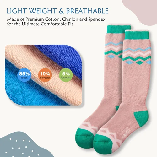 Vista 3 de OutdoorMaster Calcetines de esquí para niños, paquete de 2 pares de calcetines de snowboard para niños y niñas, diseño sobre la pantorrilla con puño
