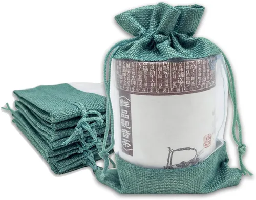 Vista 6 de TheDisplayGuys para tu vida moderna - Paquete de 12 bolsas de regalo pequeñas de arpillera de lino y organza con cordones (8.9x14 cm, gris)
