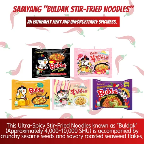 Vista 6 de Buldak Ramen Fideos de 5 sabores surtidos - Original, 2 x picantes, queso, carbonara, jajang - Total 5 unidades (1 paquete cada uno) - Fideos ramen