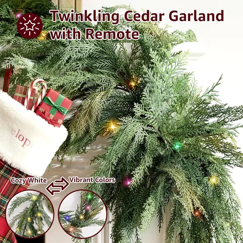 Vista 5 de Guirnalda de Navidad de Cedro con Luces para Repisa de Chimenea - Realista de Tacto Real 9 Pies Guirnaldas Artificiales de Pino Sintético