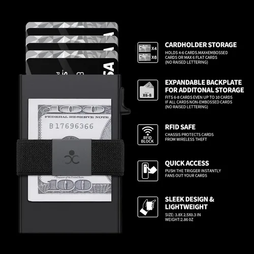 Vista 35 de Cartera delgada de aluminio para hombre, placa trasera expandible duradera, bloqueo RFID, billetera desplegable de metal minimalista, con capacidad