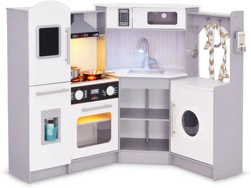 Vista 10 de Lil' Jumbl Juego de cocina de esquina para niños, cocina de lujo de madera de simulación, máquina de hielo a pilas, estufa y grifo con sonido Negro