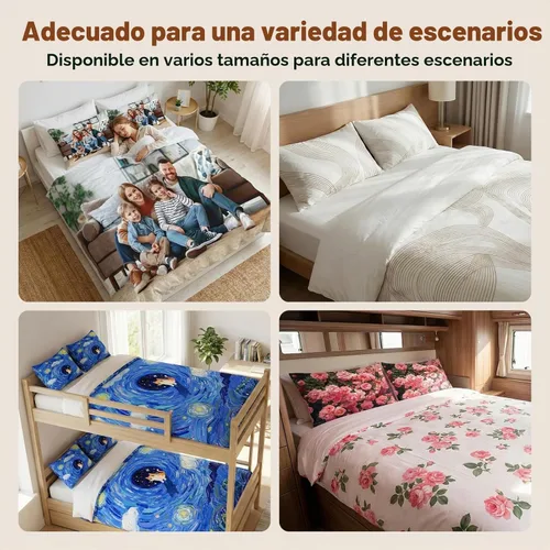 Vista 5 de Juego de ropa de cama personalizada con imagen, texto, logotipo, 1 funda de edredón y 2 fundas de almohada, diferentes tamaños personalizables