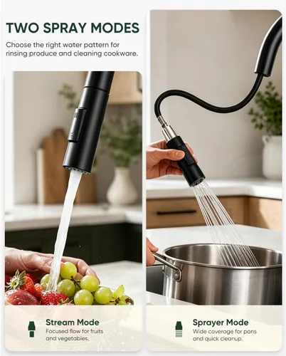 Vista 4 de Grifos de cocina negros con rociador extraíble Grifo de fregadero de cocina con rociador extraíble Montaje en cubierta de un solo orificio