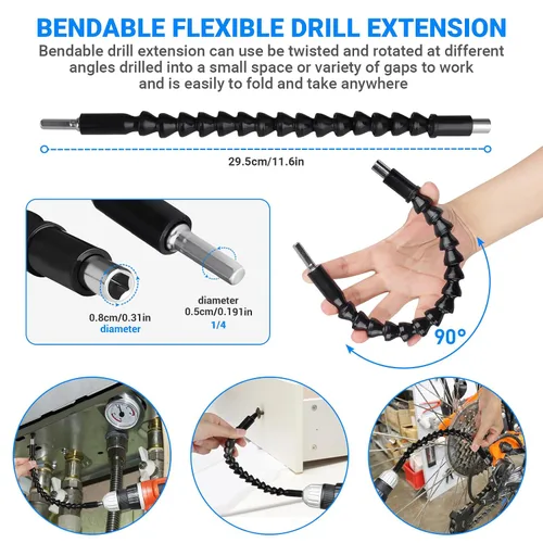 Vista 4 de Juego de extensión de broca flexible de 19 piezas, vástago hexagonal de 105 ° de ángulo recto, 3 piezas de adaptador universal de enchufe de 1/4 3/8