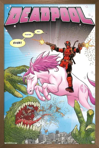 Vista 16 de Marvel Comics Deadpool - Póster de pared de unicornio, 22.4 pulgadas de largo x 14.7 pulgadas de ancho, versión enmarcada de madera de granero