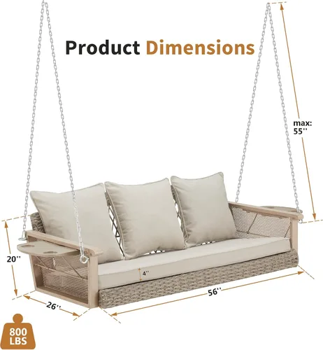 Vista 7 de HOMREST Columpio de mimbre para porche para 3 personas con portavasos mejorado, silla colgante de 56 pulgadas con cojines, columpio al aire libre