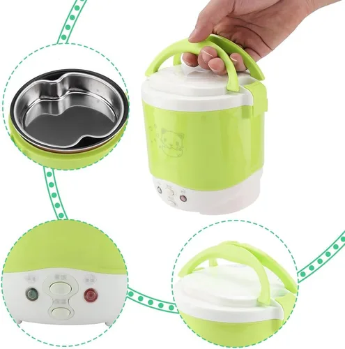 Vista 2 de 1L Mini olla arrocera 12V fiambrera eléctrica – Vaporizador de alimentos multifuncional portátil de viaje para coche, camping (verde)