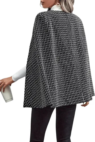 Vista 2 de WDIRARA Chaqueta con estampado a cuadros para mujer, cuello redondo, botones frontales, chaqueta tipo capa