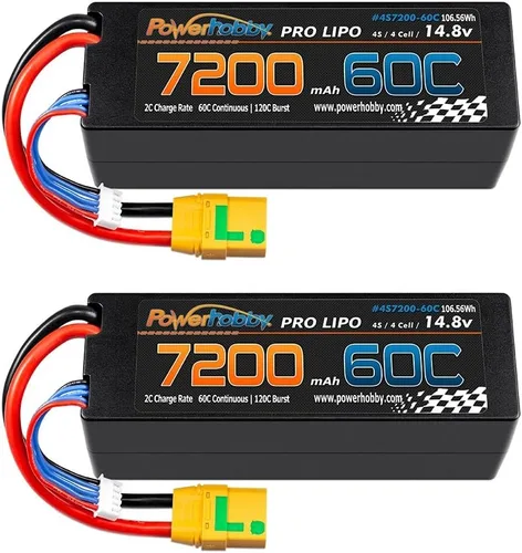 Vista 2 de PowerHobby 4S 14.8V 7200mAh 60C-120C Lipo Battery XT90 Plug 4-Cell Hard Case (2) Compatible con Arrma Kraton Outcast Talion Typhon